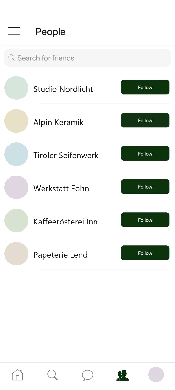 Kontoliste der klyro-App mit sechs Verkäuferkonten und je einer Follow-Schaltfläche