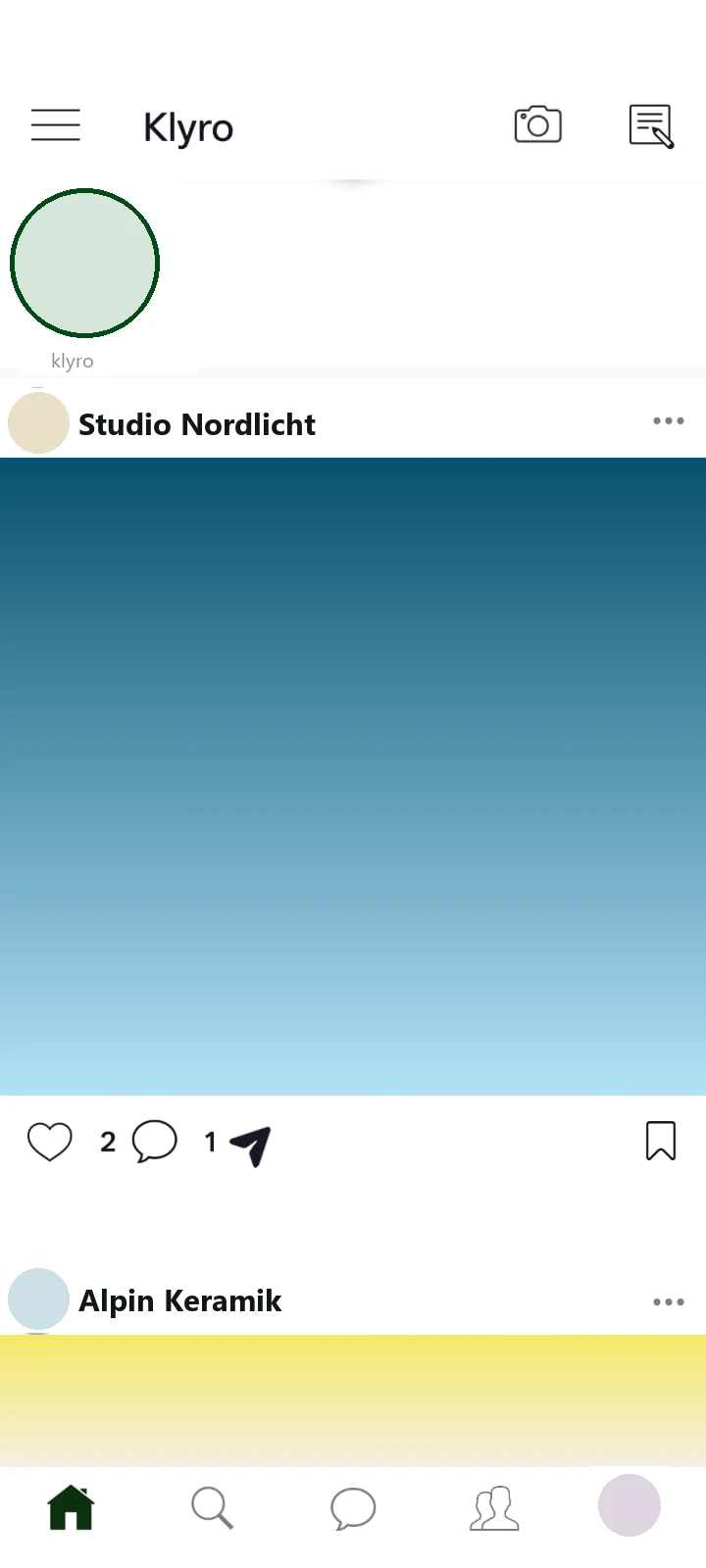 Feed der klyro-App mit einem Beitrag des Kontos Studio Nordlicht und der Reaktionsleiste darunter