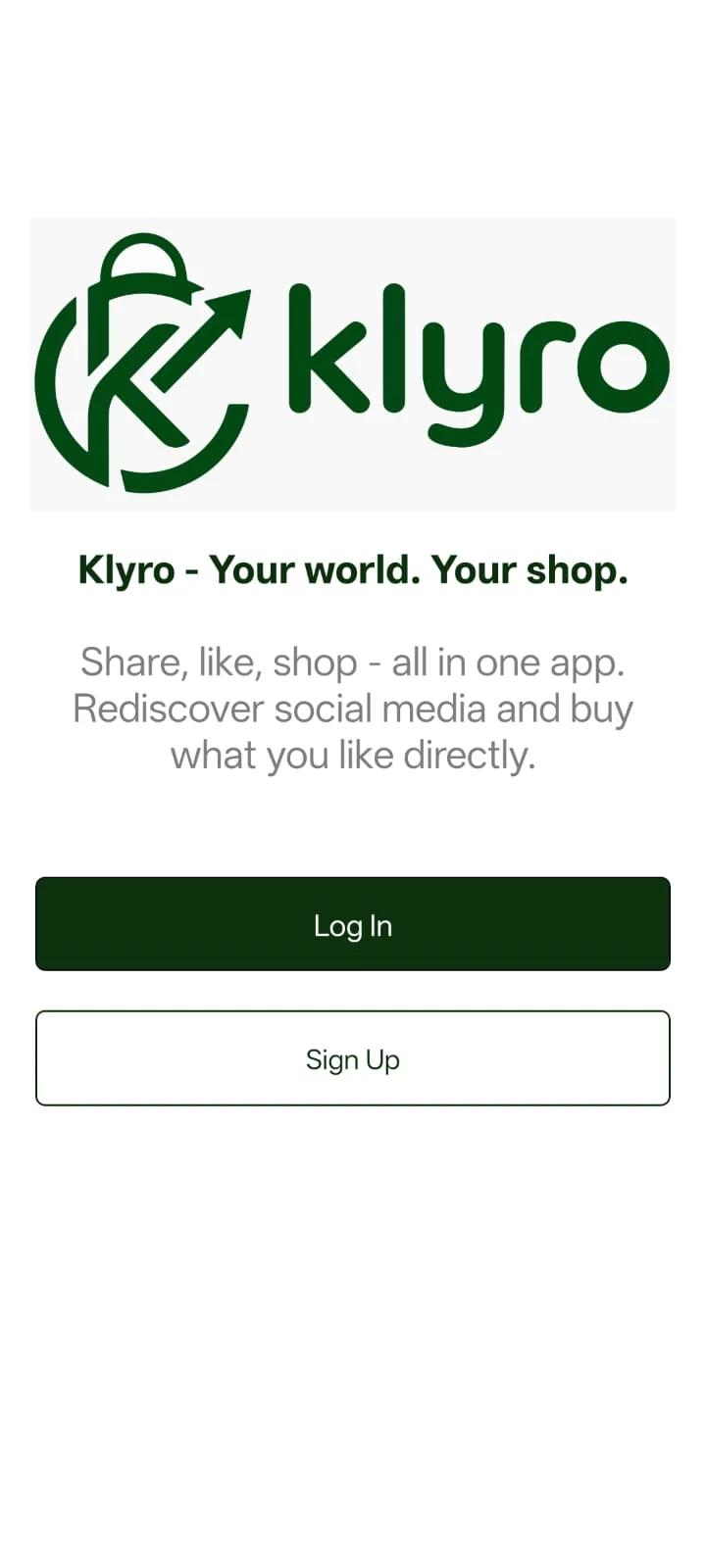 Anmeldebildschirm der klyro-App mit Logo und den Schaltflächen zum Anmelden und Registrieren